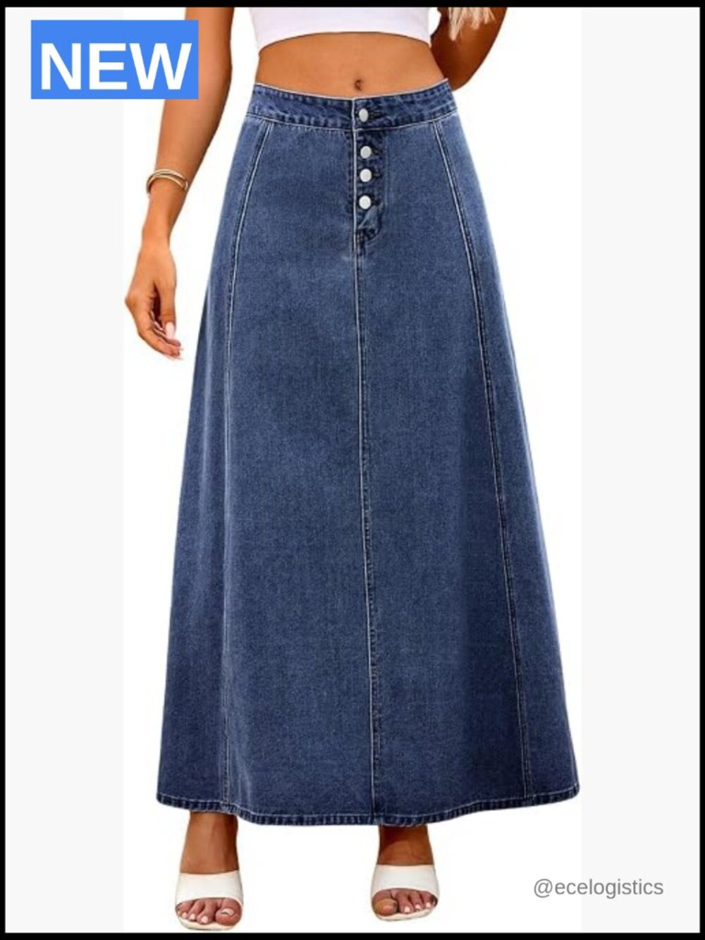 High Waist A-Line Maxi Denim Skirt 4-Button Flare Stretch Long Jean Skirt with